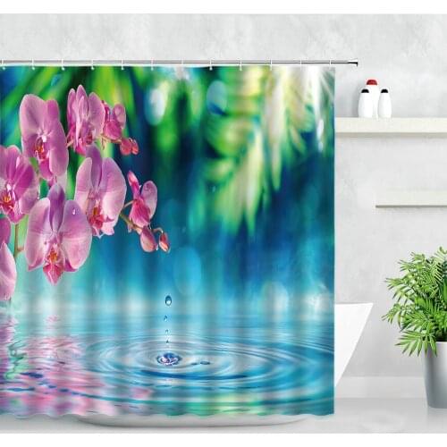Orchid Water Drop Pond Printing Waterproof Bathroom Curtains Purple Flowers Plant Zen Garden Scenery Decor Screen Shower Curtain