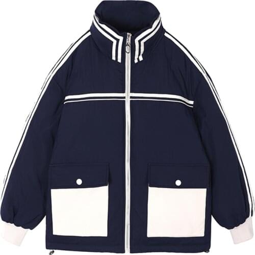 Autumn Winter Za Women Dark Blue Jackets Thicken Streetwear Oversized Parkas Long Sleeve Pockets Female Stripe Coats Mujer Tops
