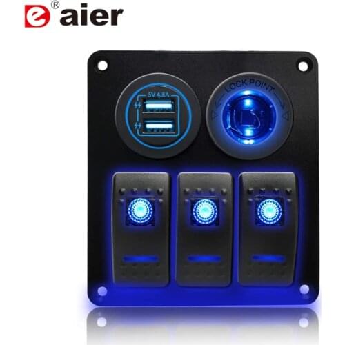 3 Gang Marine Switch Panel 12V Car Rocker Switch Control Panel Waterporof With Blue LED Dual USB Charge Port And Cigarette Light
