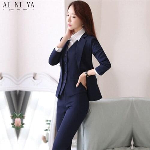 Jacket+Pants+Vest Navy Blue Womens Business Work Suits Female Office Uniform Slim Ladies Formal Trouser Suits 3 Piece Blazer