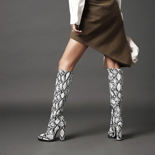 Serpentine Knee High Boots Women Fashion Pointed Toe High Heels Winter Shoes Leather Sexy Ladies Party Botines Big Size 34-48