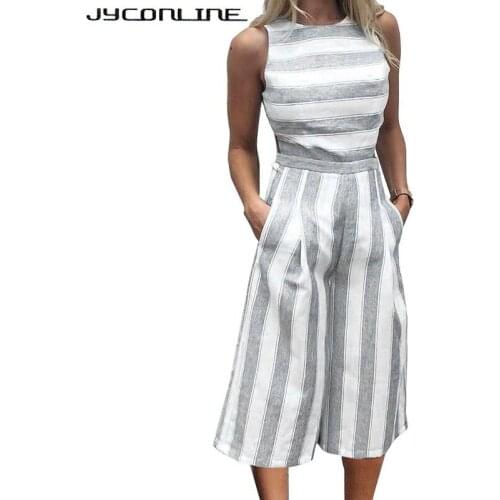 JYConline Casual Sleeveless Rompers Womens Jumpsuit Hollow Striped Jumpsuit Overalls Loose Playsuit Women Outfit Wide Leg Pants