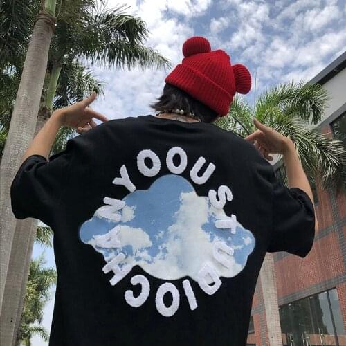 Retro blue sky white cloud towel embroidered short sleeve T-shirts TEES