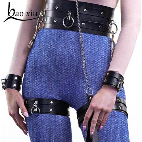 Baoxiu Sexy Leather Goth Leg Garter Body Straps Belt Body Waist Bondage Harness Thigh Garters Erotic Suspender Wide Waistband