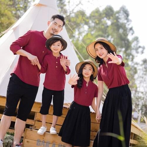 Family Matching Summer Retro Linen T-Shirt+Shorts 2PCS Sets Mom Daughter Skirt Vacation Button Collar Dad Boy Girl Suits Clothes