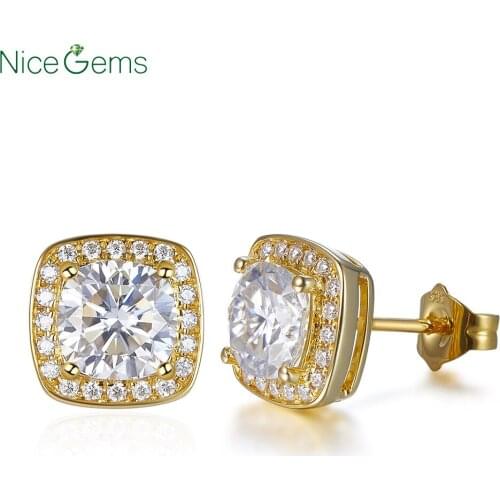 NiceGems Solid 14K Yellow Gold Halo Moissanite Stud Earrings Center 6MM D Color Cushion Cut 2.3CTW Lab Grown Moissanite Earrings