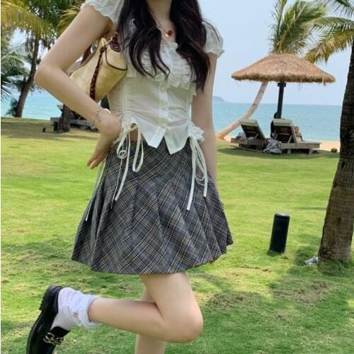 Elegant Gothic Skirt Women Vintage Casual Korean Kawaii High Waist Pleated Skirt Sweet A-line Party Lolita Skirt Summer 2021 New