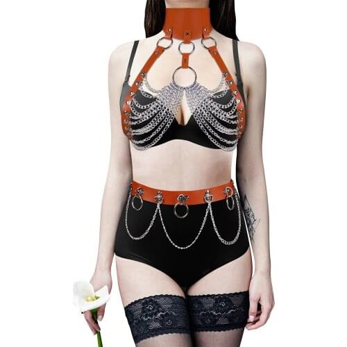 Harajuku Punk Leather Harness For Women Fashion Metal Chain Accessories Garter Sexy Waist Belt Full Body Goth Suspender Stocking