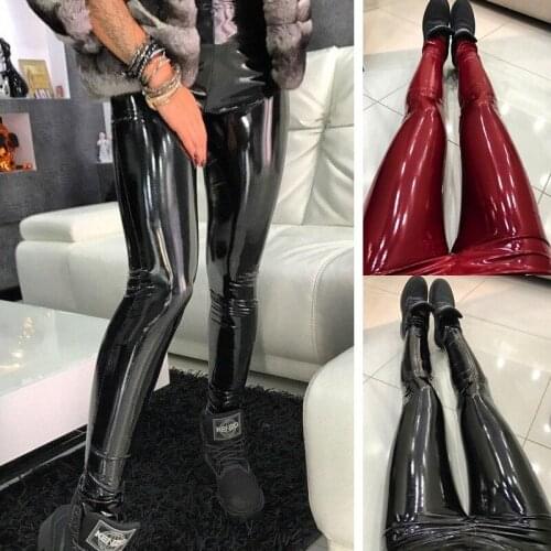 High waist Skinny Pencil Pants Women Sexy PU leather pants Shiny Push Up Hip Leggings Jegging Trouser Casual Thin Streetwear