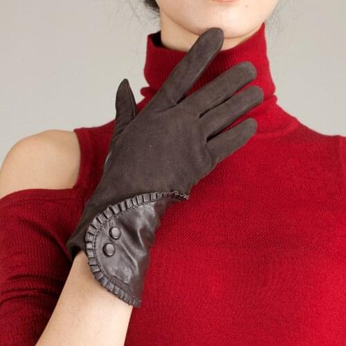 Womens Genuine Sheepskin Leather Suede Lace Gloves Windproof Thermal Warm Female Elegant Ruffle Mittens High-end S2158