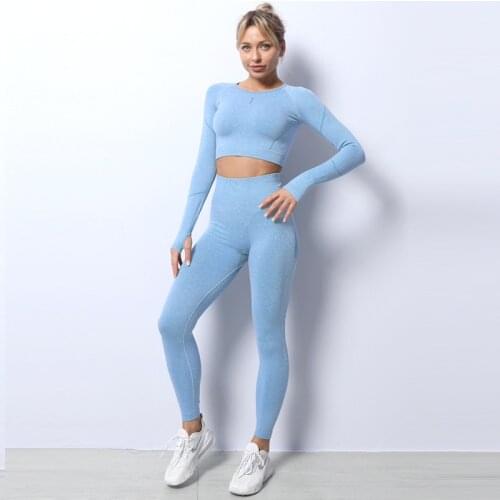 Sport Set Women Vital Seamless Set Long Sleeve Yoga Shirt+Full Legggings 2pcs Gym Clothes Sport Running Fitness Workout Clothing