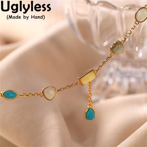 Uglyless Sweety Korean Small Multi Gemstones Charm Bracelets Women Natural Jade Turquoise Lapis Bracelets 925 Silver Thin Chains