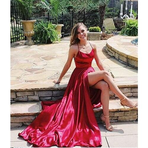 Halter Neck Prom Dresses 2020 Sexy Backless Front Split Satin A-line Prom Party Dress vestidos de festa longo