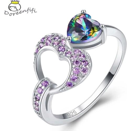 Heart Cut Design Multicolor & Purple White CZ 925 Sterling Silver Ring Fashion Female Women Lovers Jewelry Gift Size 6 7 8 9