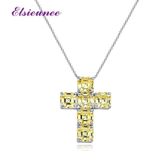 ELSIEUNEE 100% 925 Sterling Silver Asscher Cut Cross Created Moissanite Gemstone Pendant Necklaces Women Cocktail Fine Jewelry