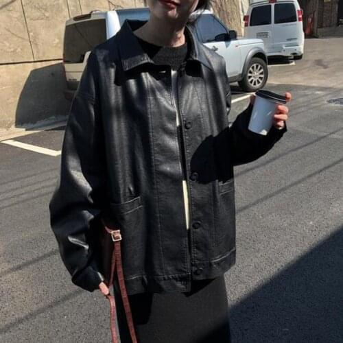 Winter Black Leather Jacket Women Korean Thin Loose Moto Jacket Female 2021 Spring Streetwear Lady Outerwear Biker Coats MT162