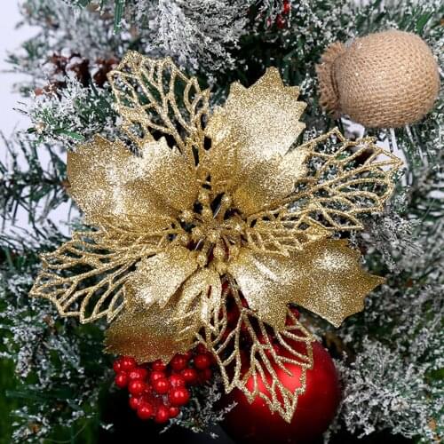 Dophee 5pcs 11cm Artificial Christmas Flowers Glitter Fake Flowers Merry Christmas Tree Decorations For Home Gift Xmas Ornament