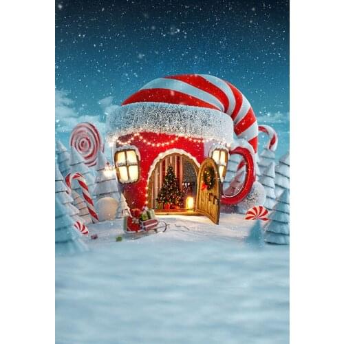 Backdrop for photo studio Christmas candy canes house winter snow fariy tale kids photography background photocall