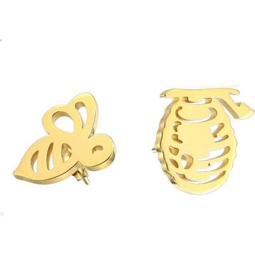 RIR Stainless Steel Gold Bee Honey Honeycomb Studs Earrings Jewelry Cute Insect Ear Jewelry For Girls Gifts