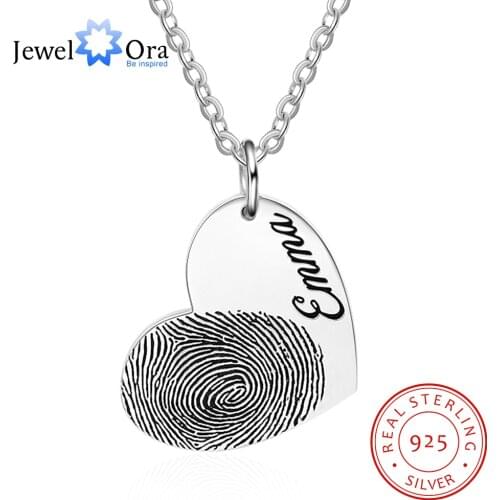 JewelOra 925 Sterling Silver Personalized Fingerprint Heart Necklace Custom Engraved Name S925 Fine Jewelry Gifts for Women