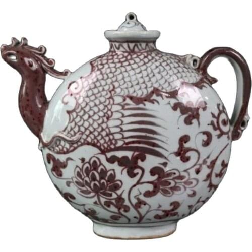 Chinese Old Porcelain Red Phoenix Pattern Phoenix Head Pot In Glaze Pot