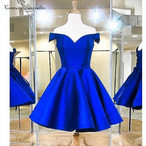 Royal Blue Satin Short Homecoming Dresses Off The Shoulder Lace Up Back Simple Graduation Party Gowns Prom Dress Cheap
