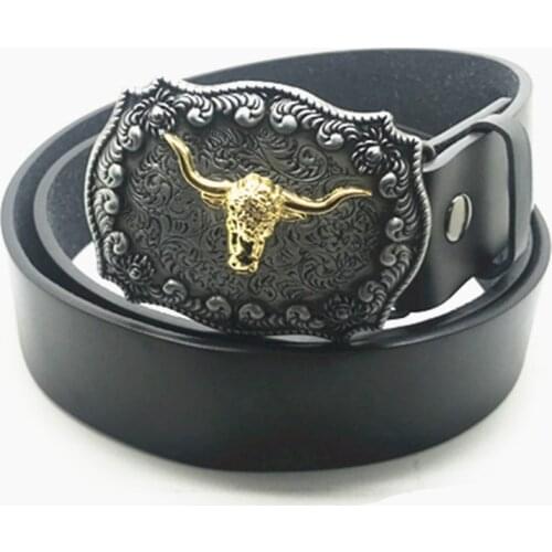 Western cowboy personality horn belt buckle zinc alloy PU leather belt casual men and women accessories