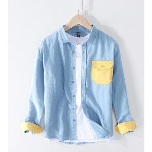 2020 Spring New Patchwork Pocket Shirt Men Cotton Linen Causal Long Sleeve Shirts Plus Size High Quality Clothing Y2392