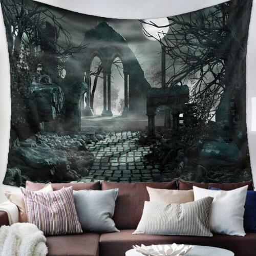 Halloween Architecture Horror Night Tapestry Wall Hanging Living Room Decor Wall Hanging Tapestry Yoga Mat Home Decor Art