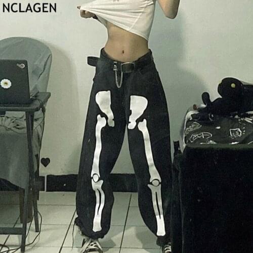 NCLAGEN Gothic Black Bones Print Women Jeans 2021 Street Fashion Loose Disco Denim Pants Female Vintage Aesthetic Trousers Pant