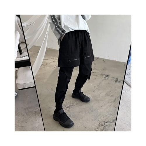 Spring new dark South Korean version of mens loose and fake two-piece overalls casual pants hairdresser trend mens chaps