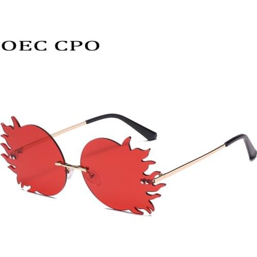 OEC CPO New Rimless Round Sunglasses Women Fashion Fire Flame Frameless Sunglasses Men Vintage Punk Glasses Ladies Shades UV400