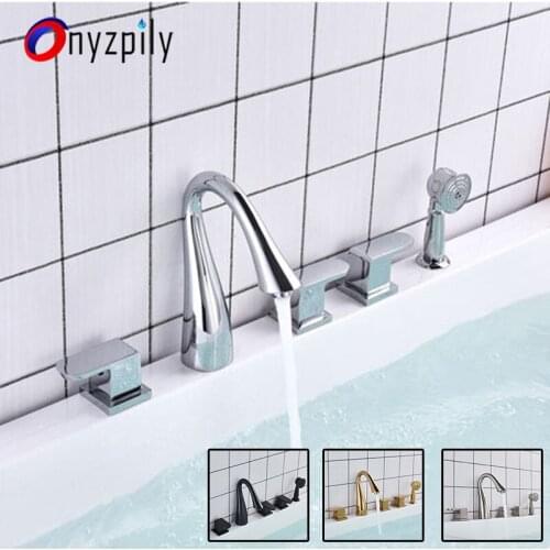 Onyzpily Bathroom Bathtub Faucet Set 5 PCs Deck Mounted Widespread Tub Mixer Bathroom Goose Neck Bath Shower Set with Handshower