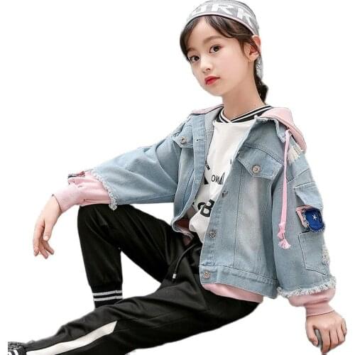 3-14 Years Big Girls Denim Jackets 2019 Spring Autumn Fashion Children Outwear Jeans Coat Kids Patchwork Denim Hooded Jackets 12