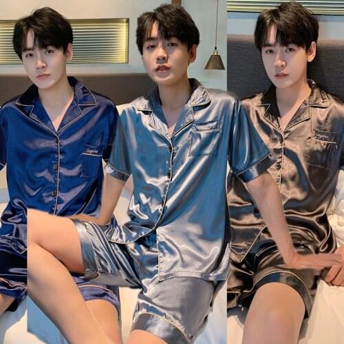Pajamas for Men 2021 Fashion Summer Small Letters Mens Smooth Pajamas Cardigan Dad Style Home Bathing Suit Casual Suit Pajamas