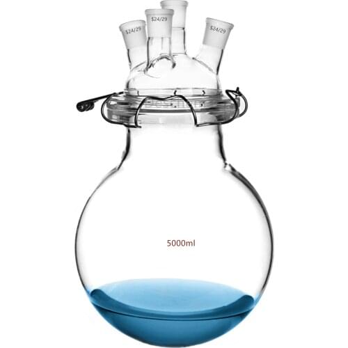5000ml Glass Reaction Reactor Four 24/29 Joint Round Bottom Reaction kettlee W/Lid & Clip