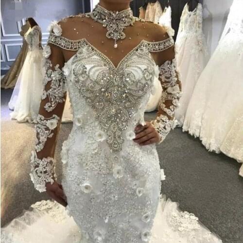 Luxury Mermaid African Wedding Dresses 2021 High Sheer Neck Beading Crystals Illusion Long Sleeves Bridal Gowns Arabic Customed