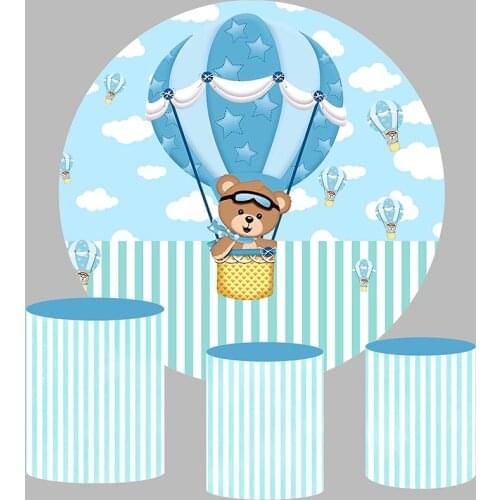 Blue and White Round backdrop Hot Air Balloons Boy Birthday Party Decor bear Baby Shower Newborn Circle Banner Cover Photozone