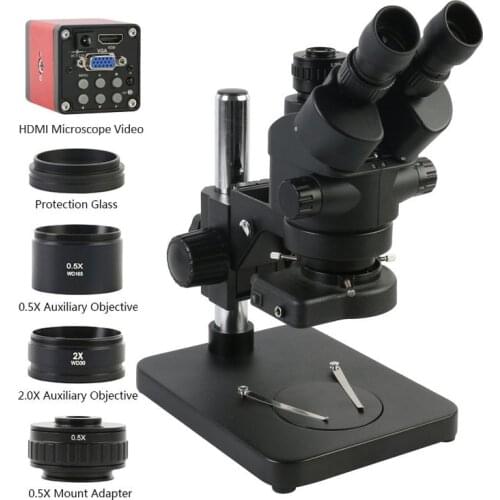 Simul Focal Continuous Zoom 3.5X-90X Trinocular Stereo Microscope 14MP 1080P HDMI VGA Video Camera 144 LED Ring Light