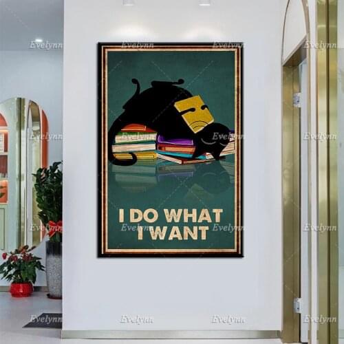 I Do What I Want Black Cat Retro Poster, Canvas Art, Funny Kitty Print, Reading Book Art, Printable Wall Art,Home Decor Gift
