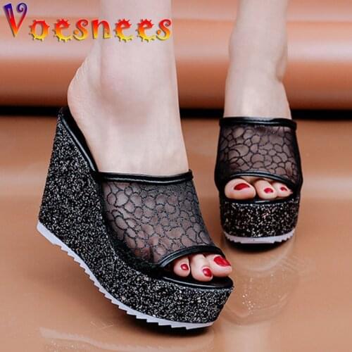 Voesnees Womens Outer Wear Slippers High-Heeled Sandals Mesh Wedges 11cm Waterproof Platform Summer Hollow Flower Ladies Shoes
