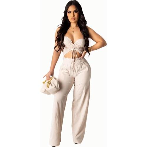 2021 Best Quality Famous Brand 2 pcs Women Set Solid Bandage Slash Neck Short Tops Long Pants Summer Beach Outfits
