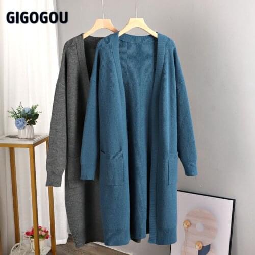 GIGOGOU Vintage Long Cardigan for Women Sweater Open Stich Autumn Winter Thick Warm Women Jacket Coat Big Pocket Knitted Jumper