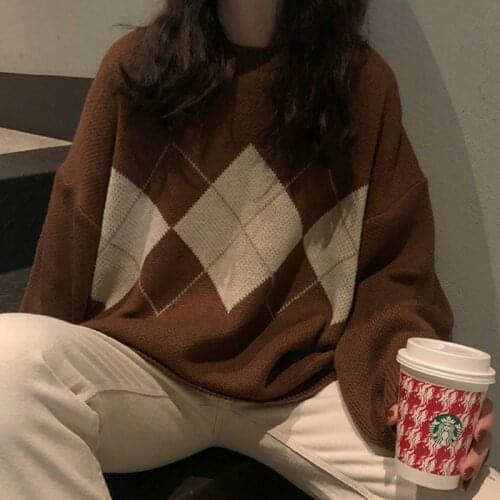 Women Argyle Knitted Sweater Autumn Winter O-Neck Oversized Pullovers Korean Preppy Style Loose Jumper Female Casual Sweaters