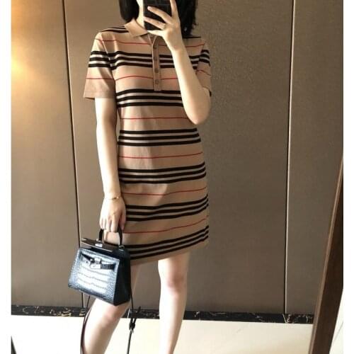 2021 summer new striped medium and long ice silk knitwear contrast striped dress women