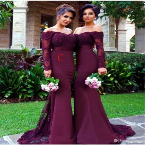 2019 Mermaid Bridesmaid Dresses Weddings Party Gowns Off Shoulder Long Sleeve Lace Appliques Plus Size Maid of Honor Dress