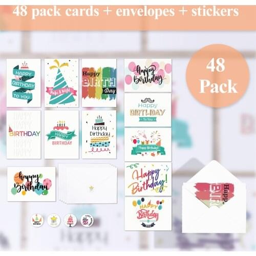 48pcs Birthday Cards Pack Set Lots With 48pcs Envelopes 48pcs Stickers For Families Birthday Friends Kids Men Women Party Favors