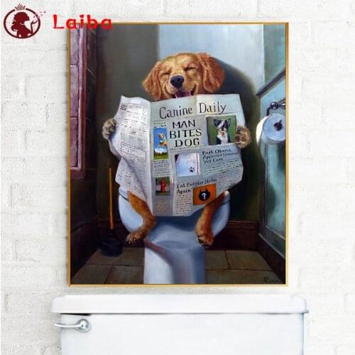 Diamond painting Funny animal smiling dog reading newspaper cross stitch full square round diamond mosaic painting home decor