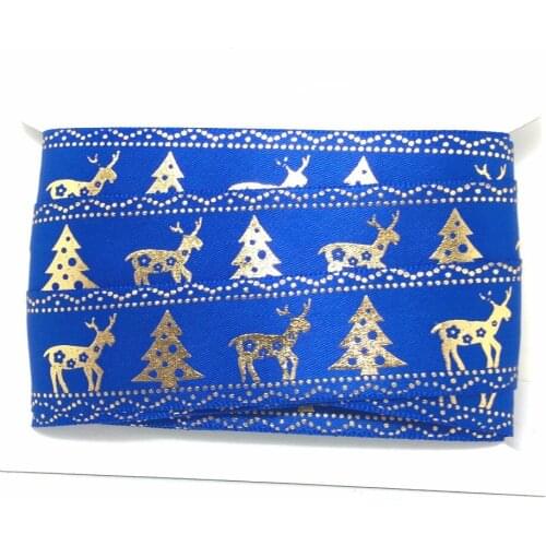 ZERZEEMOOY 10yards/CARD 1" 25mm Sapphire blue Hot stamping Christmas trees and deer Satin Ribbon christmas gift ribbons