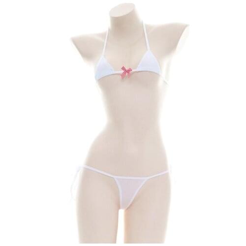White Mini Ice Silk Cute Bow Bikini Set Pajamas Sexy Lolita Bandage Bra & Panties Set Japanese Soft Girl Cosplay Lingerie Set